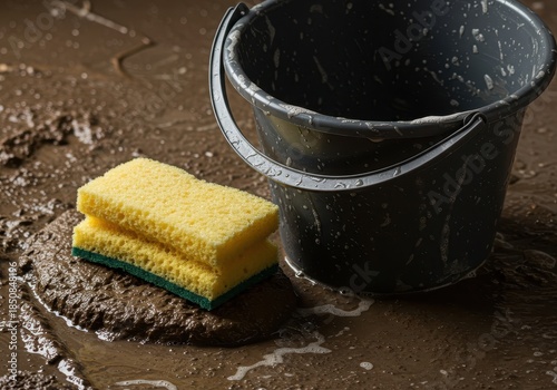 Close up view of a soapy sponge and bucket near heavy muddy buildup, signifying deep spring cleaning efforts and domestic tasks, thorough, hygiene, surface