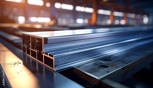 Detailed view of industrial aluminum extrusion profiles on a factory workbench with soft light