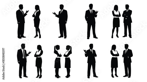 Business people silhouettes interacting in various poses 