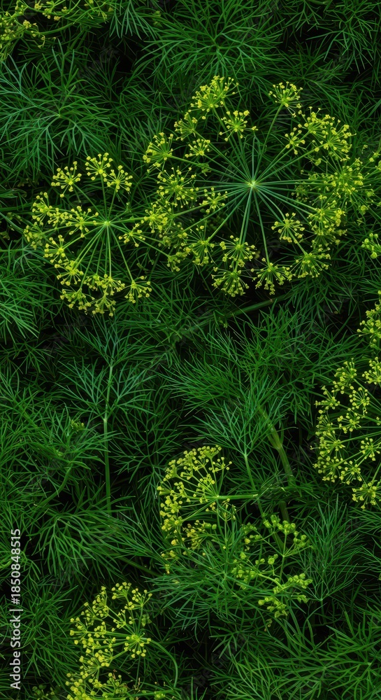 Obraz premium Fresh, vibrant green dill fronds and delicate blossoms create a dense, natural organic texture. Ideal backdrop for cooking themes and recipes, culinary, leaf, pattern