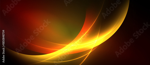 Abstract design features vibrant orange, yellow curves against dark background. Smooth gradients create dynamic, flowing visual effect.