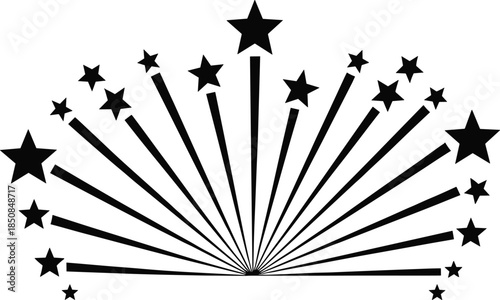 Dynamic starburst firework vector illustration featuring radiating lines with black stars in a semi circular burst for celebration and achievement branding
