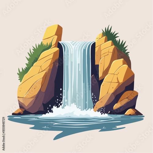 Cartoon waterfall cascading between rocky cliffs into a pool of water.