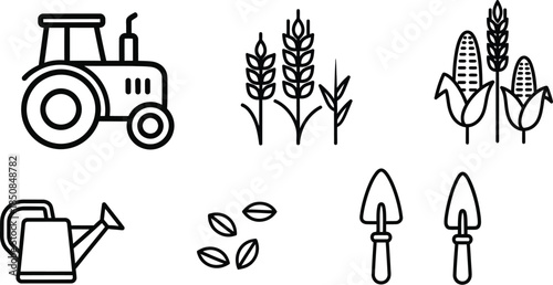 Outline icon set representing various elements of agriculture farming machinery crops and gardening tools for design projects