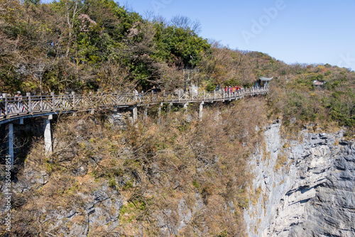 Tianmen Mountain with its pierced rock above the city of Zhangjiajie in Hunan, China.