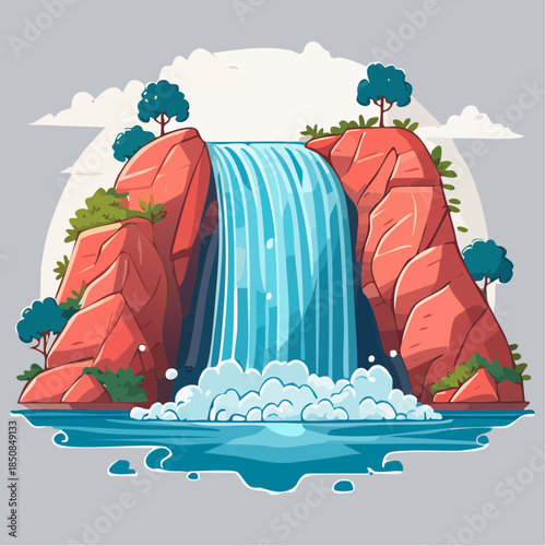 Cartoon illustration of a waterfall cascading between red rock formations.