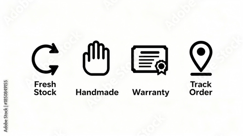 Fresh inventory, handmade production and other elements represent the service guarantee of warranty and order tracking, suitable for retail promotional materials.
