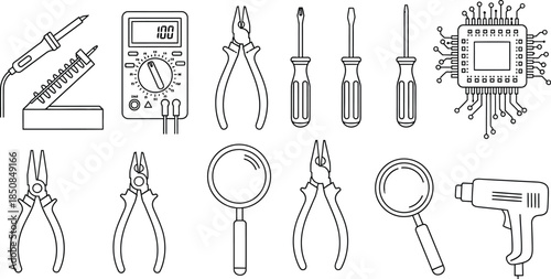 Set of detailed line art icons representing electronics repair tools including a soldering iron multimeter pliers and a microchip