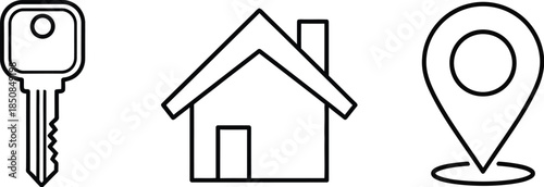 Simple line icons representing home ownership real estate concepts like keys house structure and location pinpoint marker