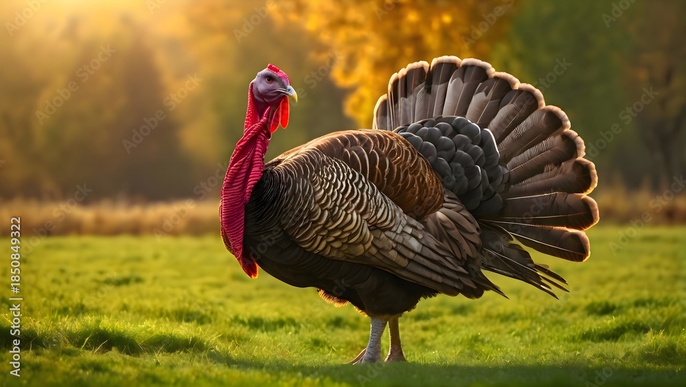 Fototapeta premium Turkey standing on grass in an open rural field, natural agricultural landscape showing farm bird in countryside environment with vegetation and open farmland