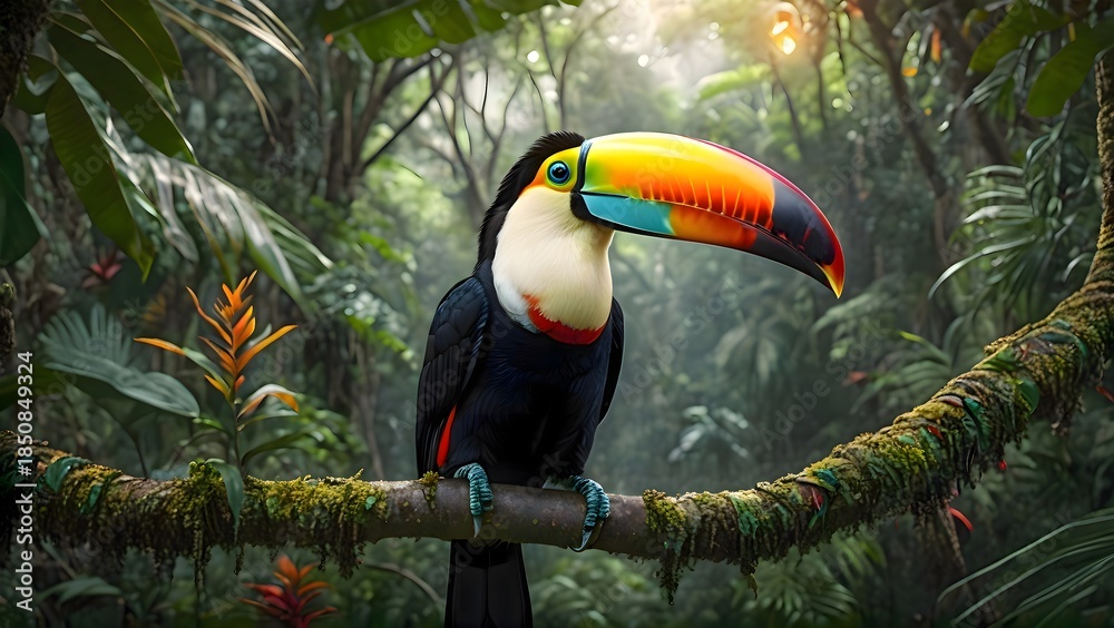 Obraz premium Toucan perched on a branch inside dense jungle vegetation, tropical wildlife scene highlighting exotic bird species within natural forest habitat