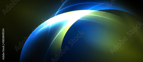 Abstract design features curved lines, vibrant blues, yellows. Light radiates from central point, creating dynamic visual effect. Dark background emphasizes luminosity.