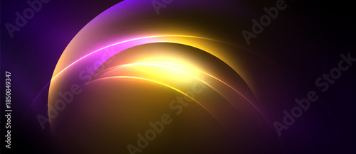Abstract layers, vibrant colors, smooth gradients. Purple, yellow hues create luminous effect. Modern design, digital art.