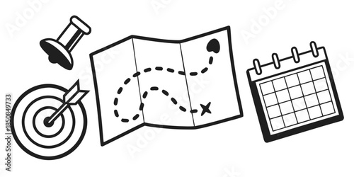 A dartboard with an arrow, a folded map with a dotted path, and a calendar are displayed side-by-side, representing planning and goal achievement.