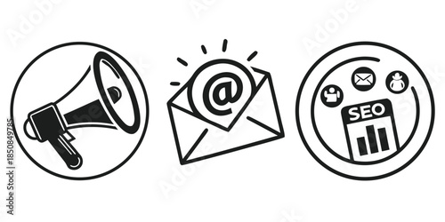 A set of three graphic icons representing marketing concepts: a megaphone for advertising, an email symbol for digital communication, and a chart with SEO for search engine optimization.