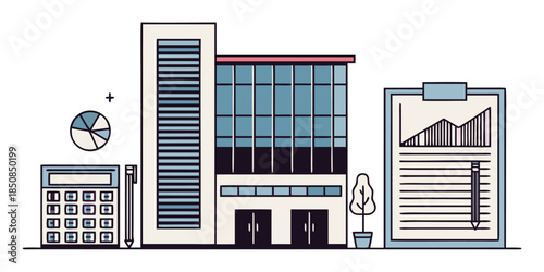 An illustration depicts a modern office building with a calculator, pie chart, and a clipboard displaying financial data and graphs, representing business and finance concepts.