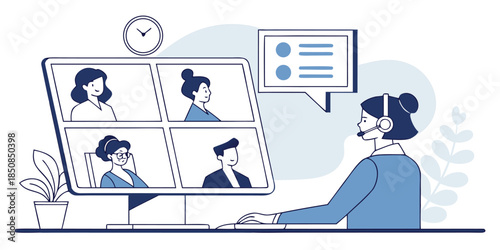 A woman wearing a headset engages in a video conference call with four other individuals displayed on a computer screen, representing remote communication and collaboration.