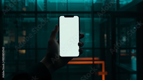 Hand holding smartphone mockup with blank white screen against dark cinematic futuristic background.
