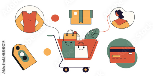 A shopping cart overflowing with bags, a credit card, a price tag, a t-shirt, and a person are all depicted in a colorful illustration, representing online shopping and retail.