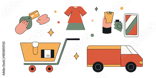 A collection of shopping and delivery icons representing e-commerce, including a shopping cart, a delivery van, clothing, and payment methods.