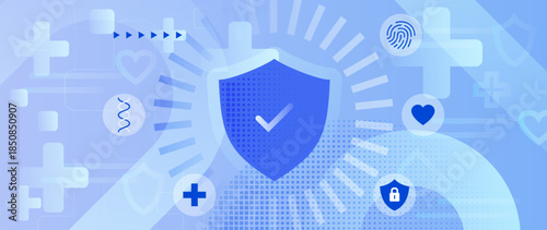 Abstract healthcare security light blue background with shield, DNA, fingerprint and medical icons. Concept of health data protection, medical cybersecurity, patient privacy, secure medical technology