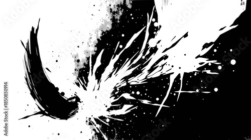 Dynamic black and white abstract art with contrasting splatters and brush strokes creating a sense of duality and energetic motion.
