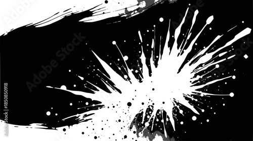 A dynamic black and white abstract background featuring a large, energetic white paint splatter and expressive brush strokes, creating a grunge artistic effect.