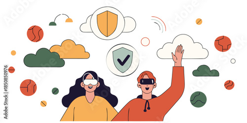 Two people wearing virtual reality headsets interact with digital shields and clouds, representing cybersecurity and online safety in a futuristic digital world.