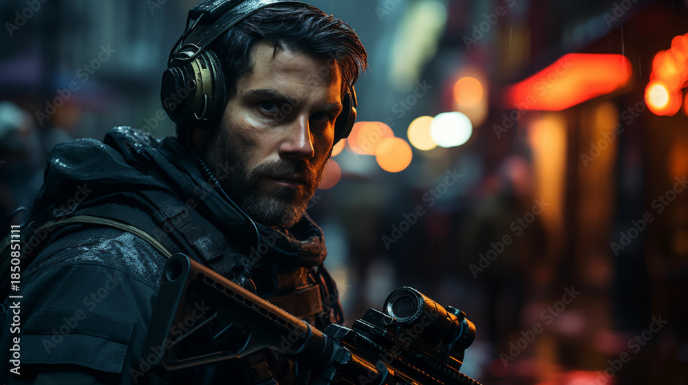 Naklejka premium special forces soldier polices a with high technology gun and weapon working in night city