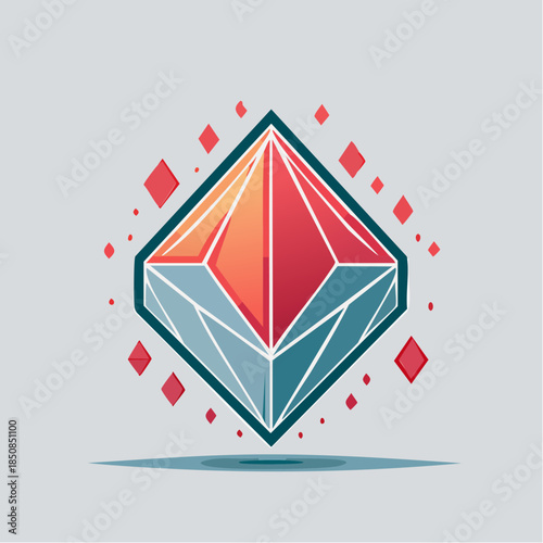 Stylized diamond with red and orange facets, outlined in teal.