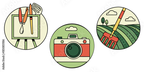 Three circular icons depict different hobbies: painting with an easel and brushes, photography with a vintage camera, and farming with a rake in a field.