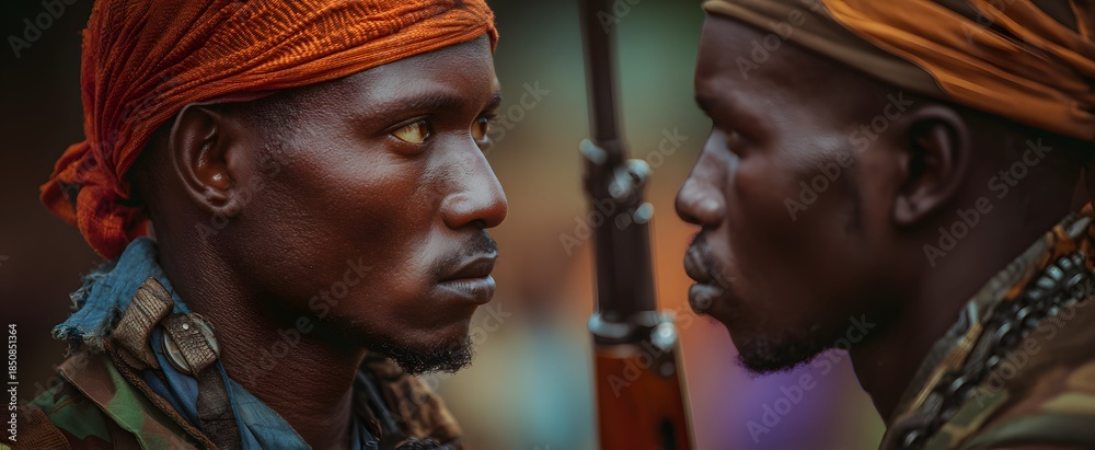 Naklejka premium The tense standoff between rival armed groups intensifies amid battlefield chaos.