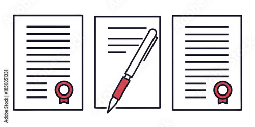 Three documents with seals and a pen signifying legal agreements, contracts, or official paperwork.