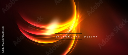 Bright orange curves radiate from central glow. Dark background emphasizes vibrant light effects, creating dynamic visual impact.