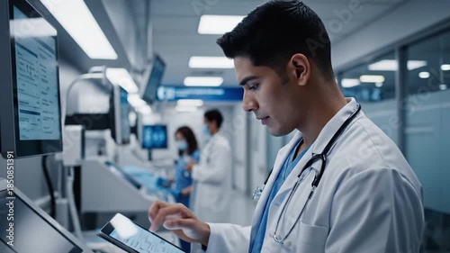 Young doctor using tablet in modern hospital hallway, healthcare professional at work,