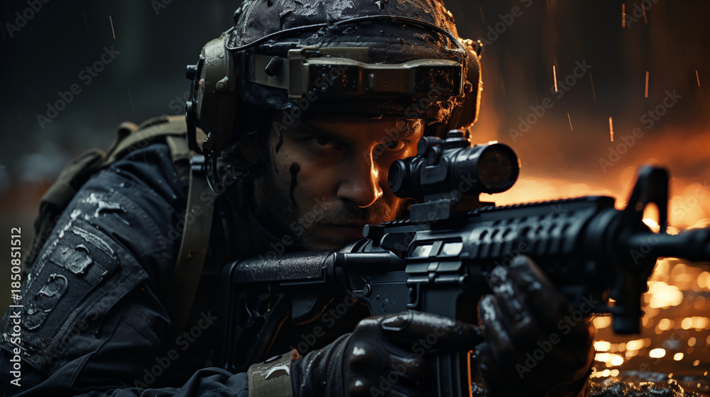 Fototapeta premium special forces soldier polices a with high technology gun and weapon working in night city