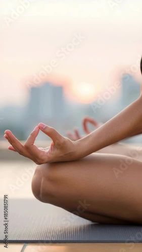 Rooftop sunrise yoga meditation with butterfly on hand, mindfulness practice in city environment, calm morning routine on urban rooftop, breathing and focus exercise, wellness concept with nature
