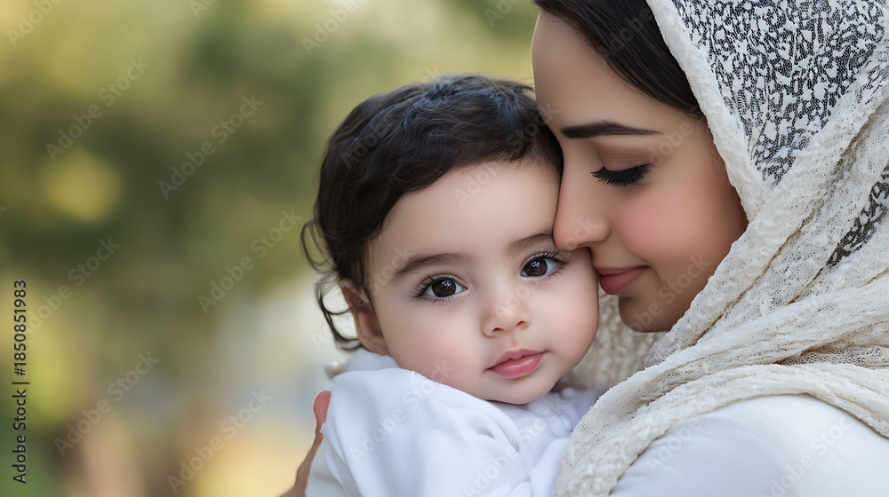 Obraz premium A tender moment of motherhood: a loving mother embracing her adorable baby. The connection between them is palpable, filled with warmth and unconditional love.