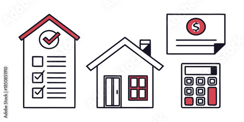 A house icon with a checklist, a simple house illustration, a document with a dollar sign, and a calculator represent concepts related to home ownership and finances.