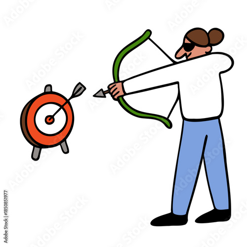 Person with archery bow hitting bullseye