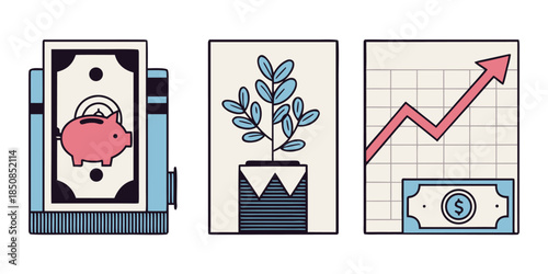 Three illustrations depict financial concepts: a piggy bank in a bill acceptor, a potted plant, and a stock market graph with money.