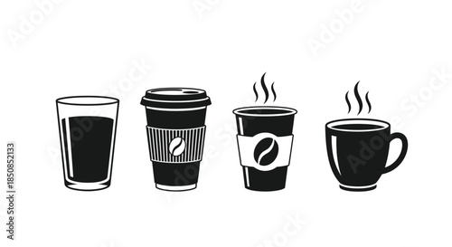 A series of four black and white illustrations depicting different coffee containers