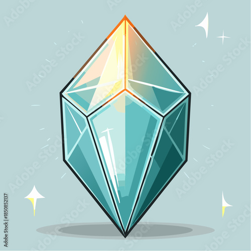 Illustration of a shining, multifaceted crystal with a light blue hue and a bright yellow glow at the top.