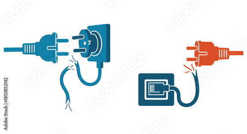 Disconnected power plugs and network cable illustrate potential connection failures