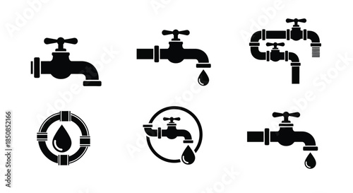 Various black and white water tap icons and plumbing symbols illustrated