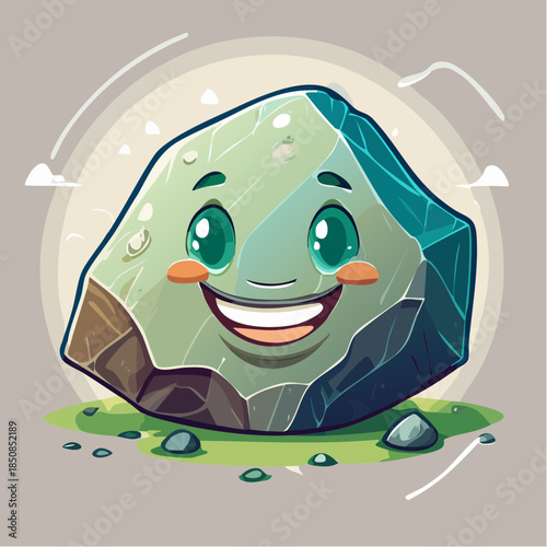 Cartoon rock character with a happy face and big eyes, sitting on grass.