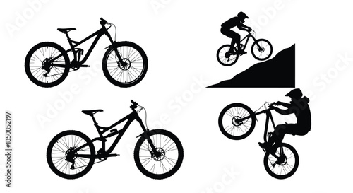 Silhouette illustrations of mountain bikers and their bicycles in various poses