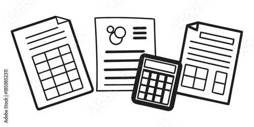 A calculator sits beside three documents, one featuring a grid, another with text and circles, and the third with boxes, suggesting financial or business calculations.