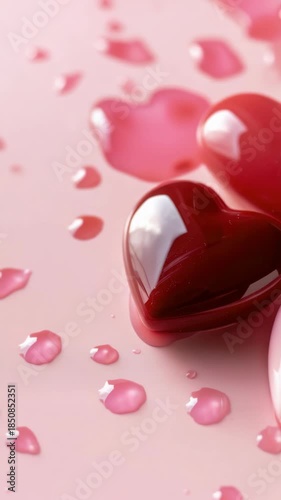 A collection of red and pink heart candies on a tabletop, surrounded by raindrops. A romantic and whimsical scene for Valentine's Day or love-themed occasions.