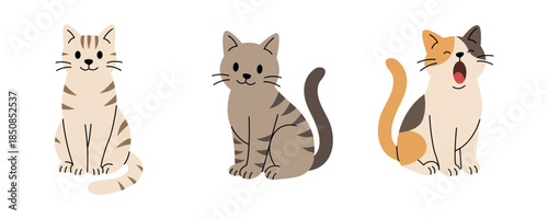 Set of three cartoon cats sitting and yawning. Flat vector illustrations of cute striped and calico felines